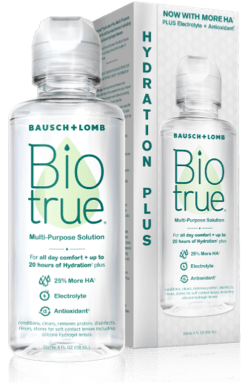 Small bottle of Biotrue Hydration Plus Contact Solution for dry eyes.