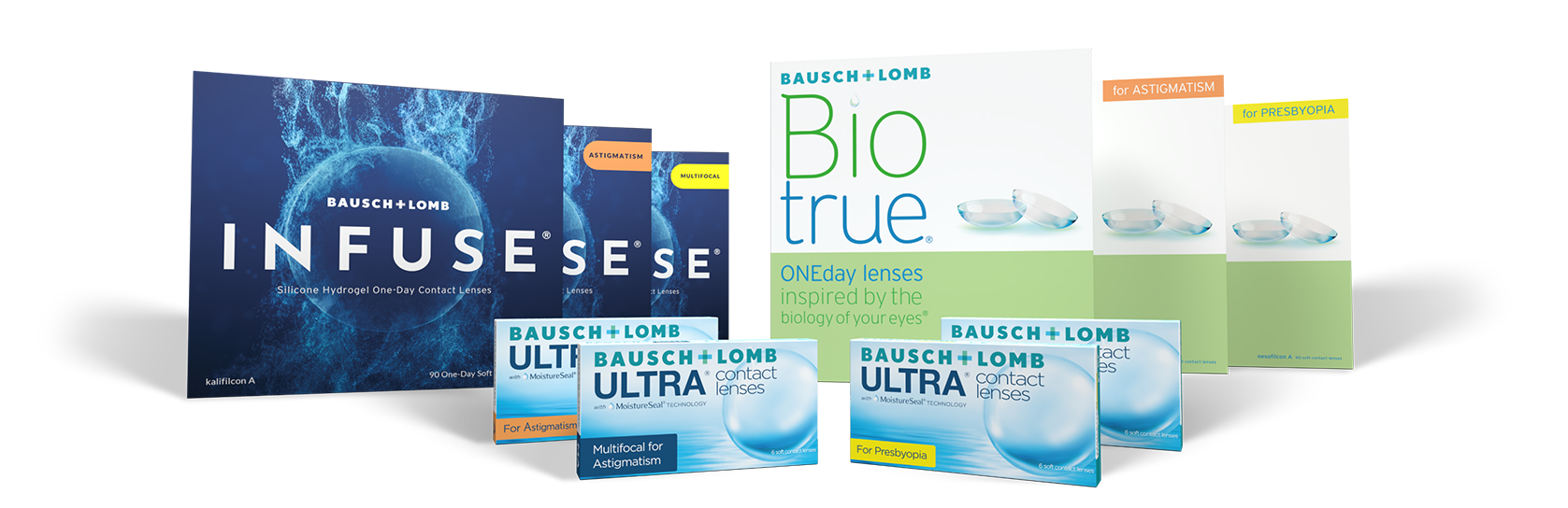Box line up of Bausch + Lomb Contact Lenses including Biotrue ONEday, INFUSE, and ULTRA.