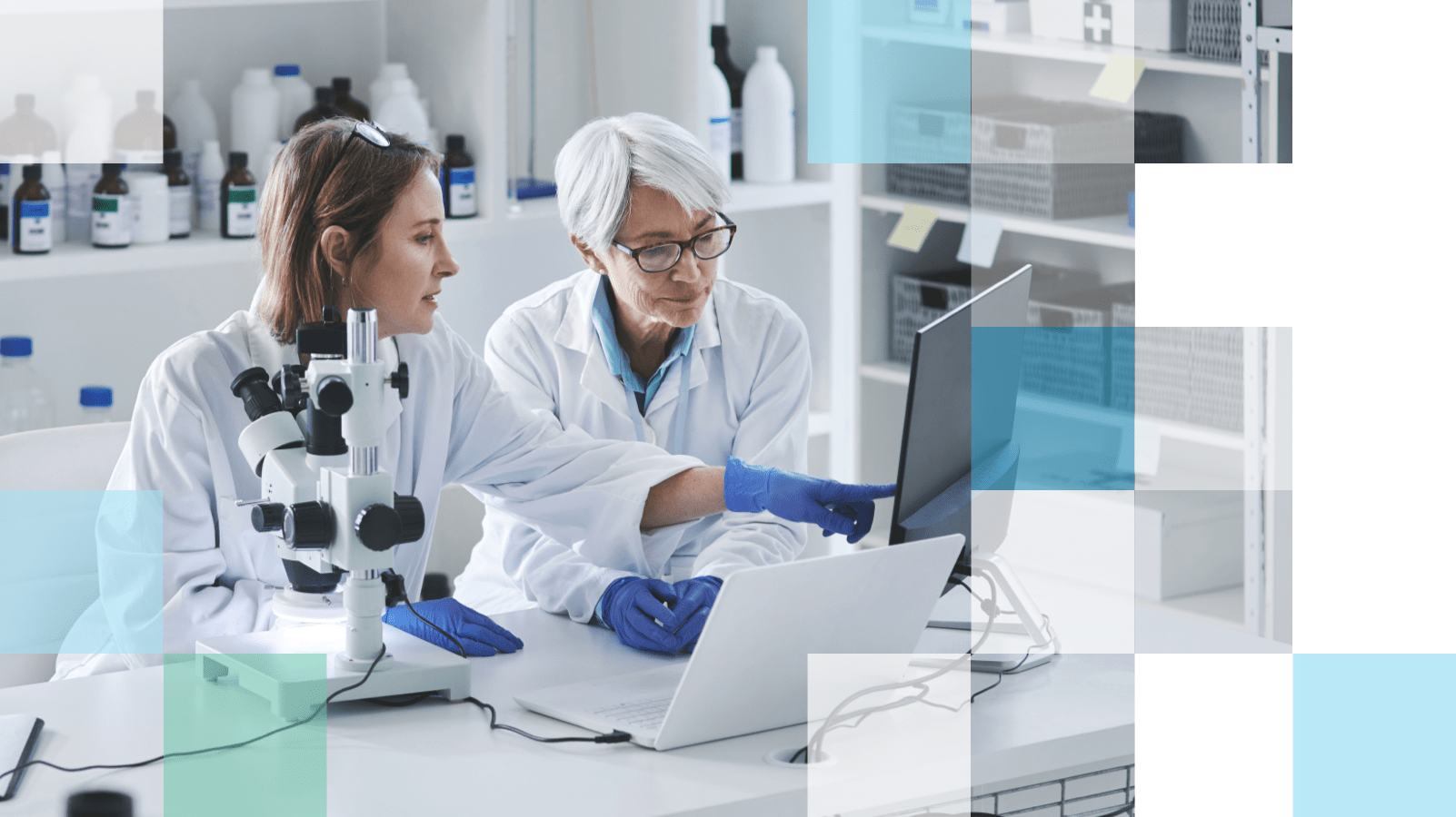 Two female eye care professionals completing eye care research on a computer.