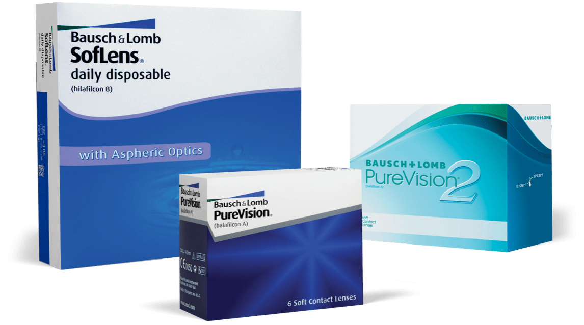 Boxes of additional contact lenses offered by Bausch + Lomb including SofLens and PureVision.