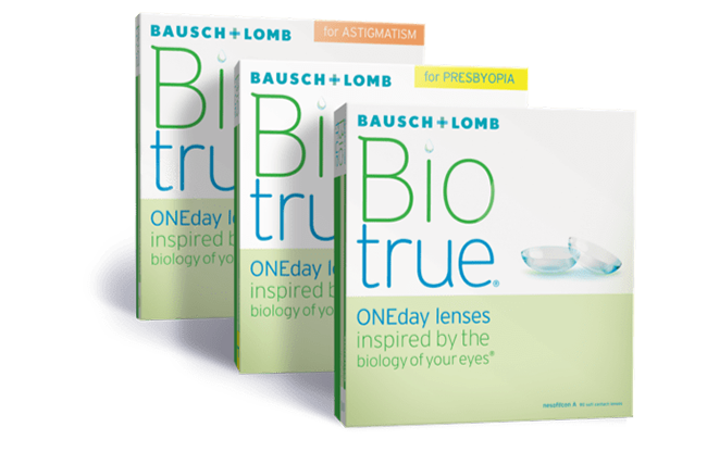 Line up of boxes of Biotrue ONEday Daily Contact Lenses.